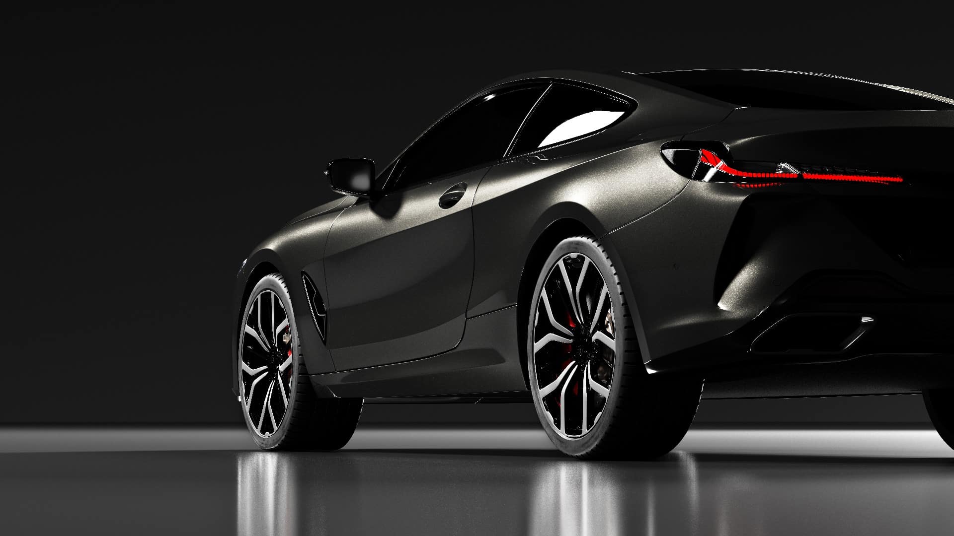 Rear view of modern black premium car in studio light